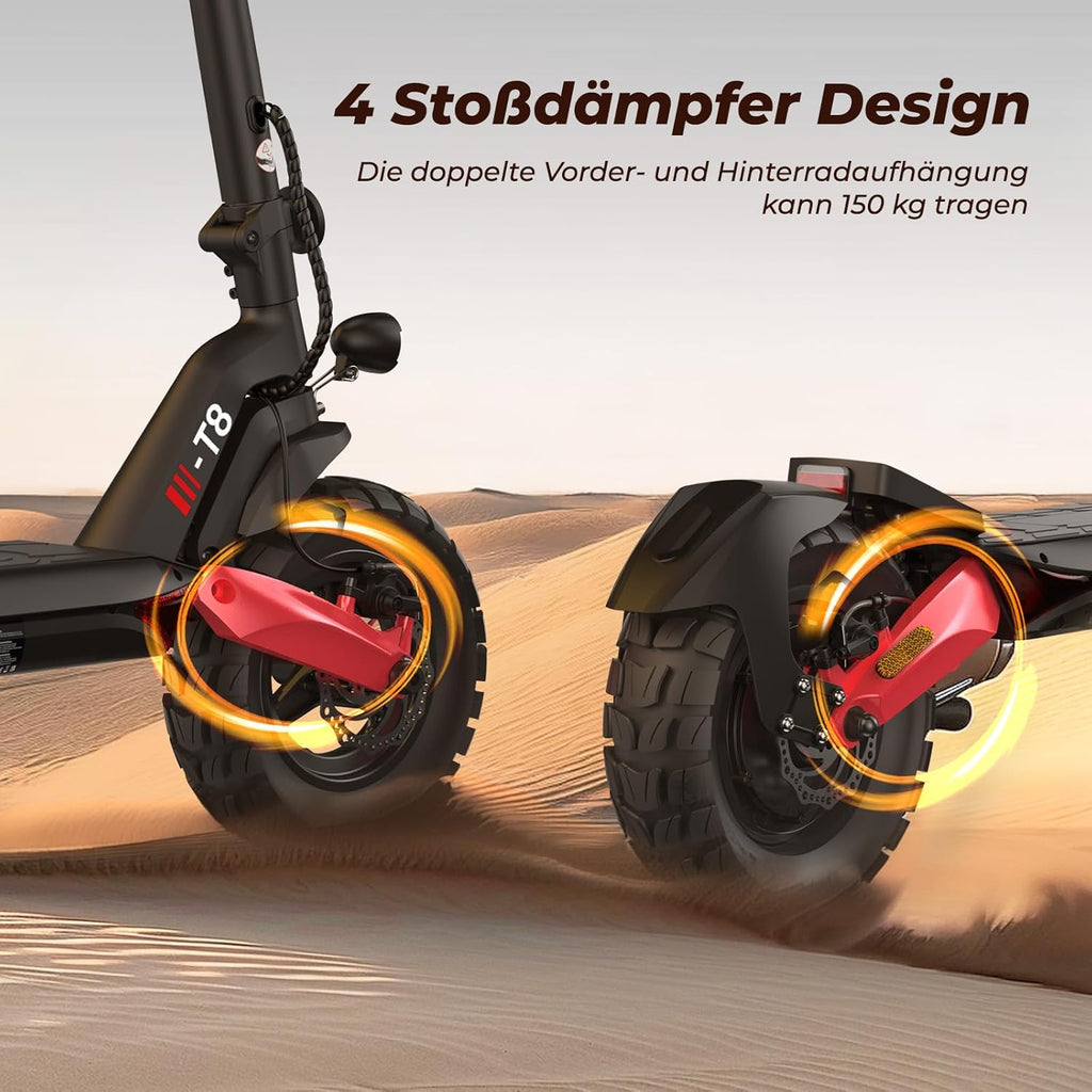 E Scooter mit Straßenzulassung, 80-100 KM Reichweite, 48V 15Ah, 10 Zoll Offroad Luftreifen, ABE Elektroroller mit Doppelter Stoßdämpfung, Faltbarer E Roller Offroad Belastung bis 150 KG, LED, App