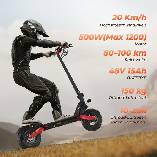 E Scooter mit Straßenzulassung, 80-100 KM Reichweite, 48V 15Ah, 10 Zoll Offroad Luftreifen, ABE Elektroroller mit Doppelter Stoßdämpfung, Faltbarer E Roller Offroad Belastung bis 150 KG, LED, App