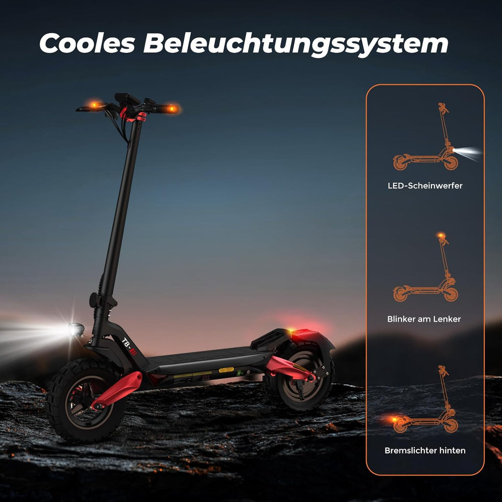 E Scooter mit Straßenzulassung, 80-100 KM Reichweite, 48V 15Ah, 10 Zoll Offroad Luftreifen, ABE Elektroroller mit Doppelter Stoßdämpfung, Faltbarer E Roller Offroad Belastung bis 150 KG, LED, App